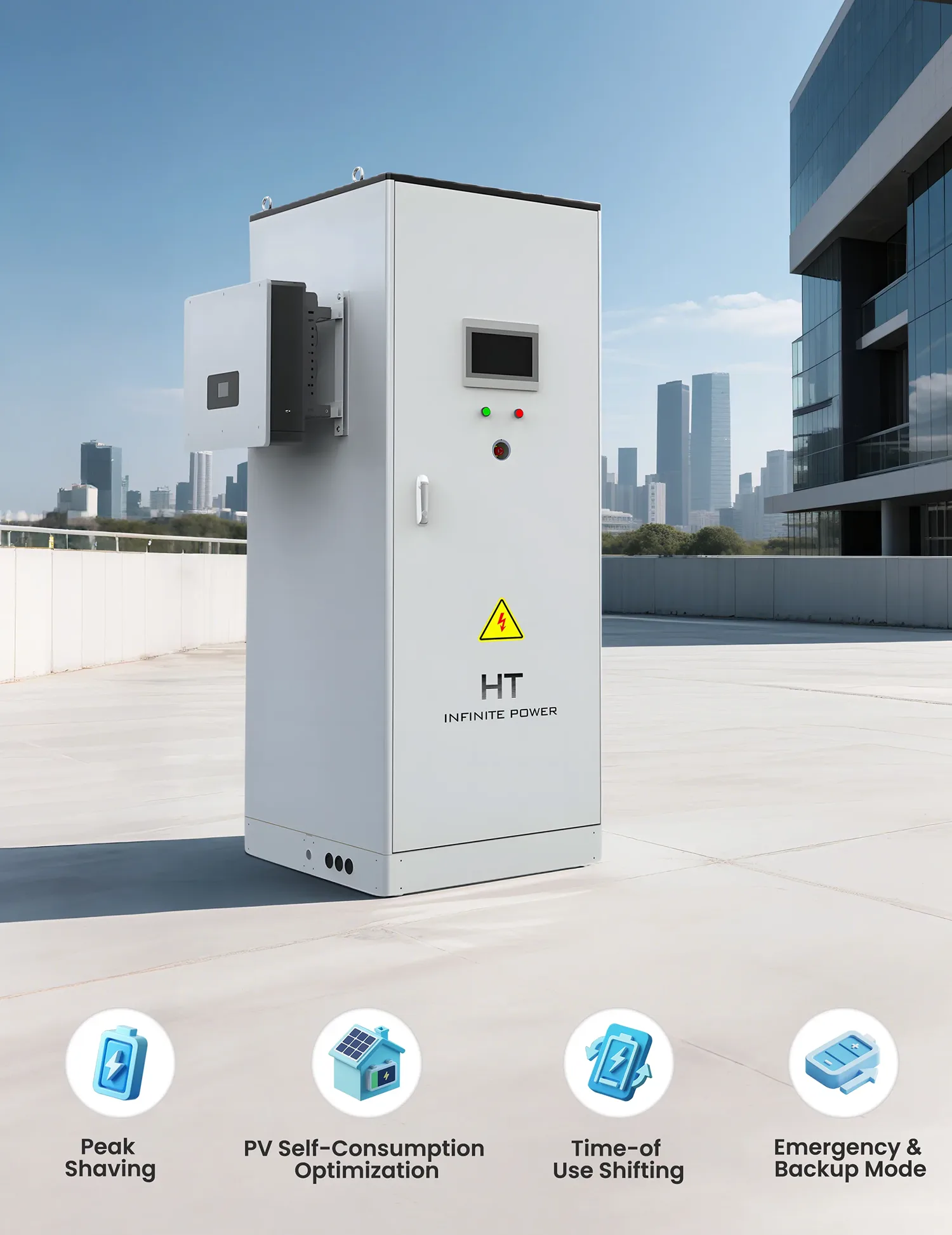 Fonctions et caractéristiques du système de stockage d’énergie extérieur HT InfinitePower 30 kW 80 kWh